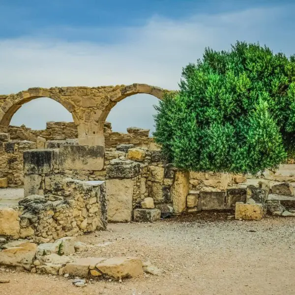 Ancient stone ruins with two archways stand beside a green tree under a blue sky. The ground is bare and sandy.