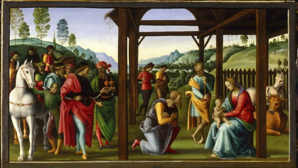 A Renaissance painting beautifully captures the Nativity scene in a stable, where Mary, Joseph, and baby Jesus are surrounded by three wise men celebrating the Epiphany with gifts, and animals linger in the background.