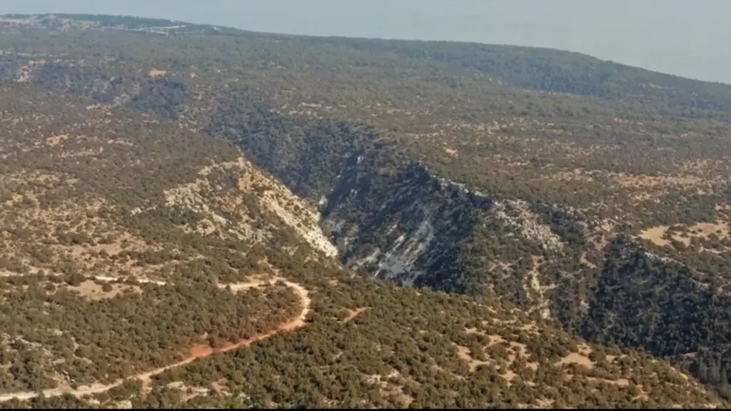 Aerial view of a vast, rugged landscape reminiscent of ancient mythology, featuring dense green vegetation and rocky cliffs under a clear sky. A winding dirt path traverses the terrain, embodying the untouched beauty of natural wonders like Akamas National Park.