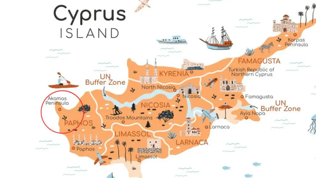 Illustrated map of Cyprus highlighting major cities, landmarks, and regions such as Nicosia, Paphos, Limassol, and Larnaca. The Akamas Peninsula, steeped in mythology, is circled in the northwest and includes the natural wonders of Akamas National Park.