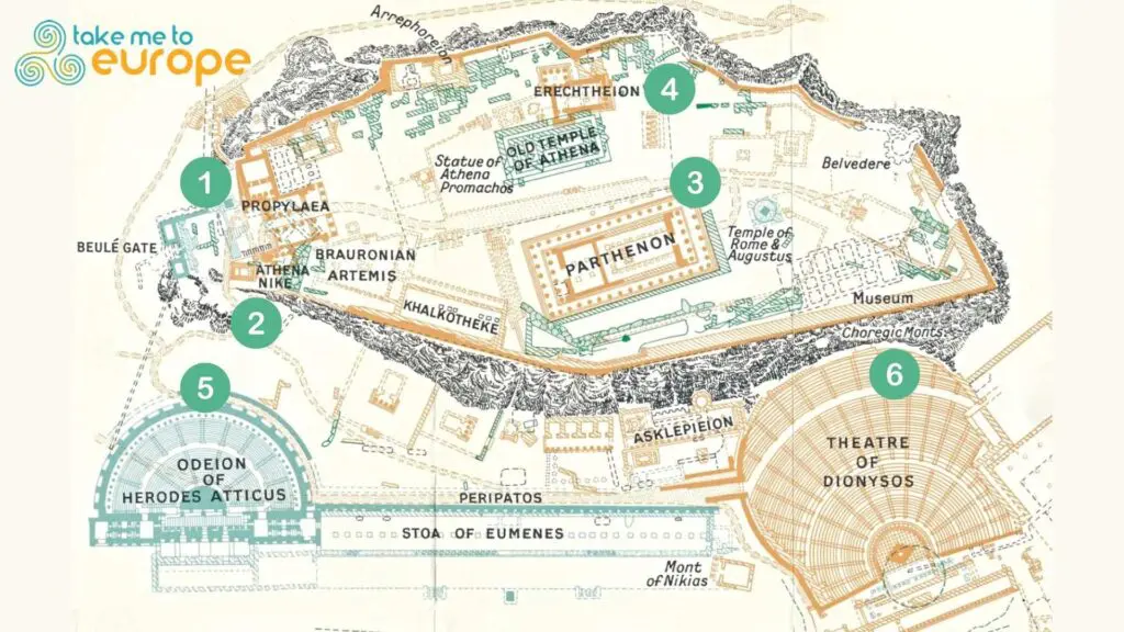 Map of the Acropolis in Athens for the ultimate self-guided tour, showcasing key landmarks like the Odeon of Herodes Atticus, Theater of Dionysus, Parthenon, and Erechtheion. Labeled points of interest with paths and structures clearly indicated.