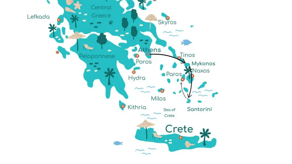 Illustrated map of Greece, perfect for the traveler. It showcases islands like Crete, Santorini, and Mykonos alongside mainland spots such as Athens and Central Greece. Discover stylized trees, mountains, and Greek island-hopping ferry routes to inspire your itineraries.