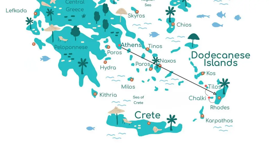 Map of Greek islands perfect for the traveler planning their itineraries, featuring locations like Crete, Rhodes, Athens, and more. Includes decorative elements such as fish and trees to enhance Greek island-hopping adventures.