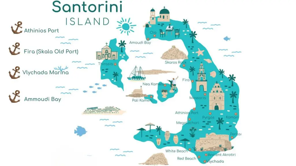 An illustrated map of Santorini Island highlights its prominent ports, landmarks, and beaches. Icons mark Athinios Port as the main Santorini ferry port, alongside Fira Port, Vlychada Marina, and Ammoudi Bay.