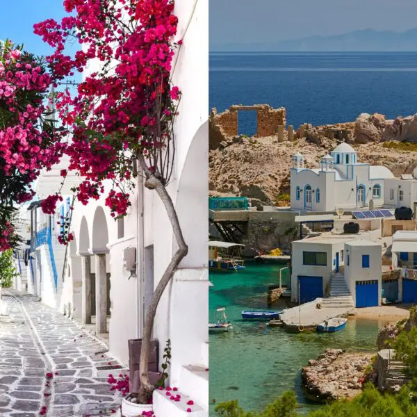 Left image: Narrow cobblestone street with blooming pink flowers and white buildings. Right image: Coastal view of blue and white buildings by the sea with rocky terrain, reminiscent of Milos. This island guide captures the serene beauty unique to Paros's enchanting landscapes.