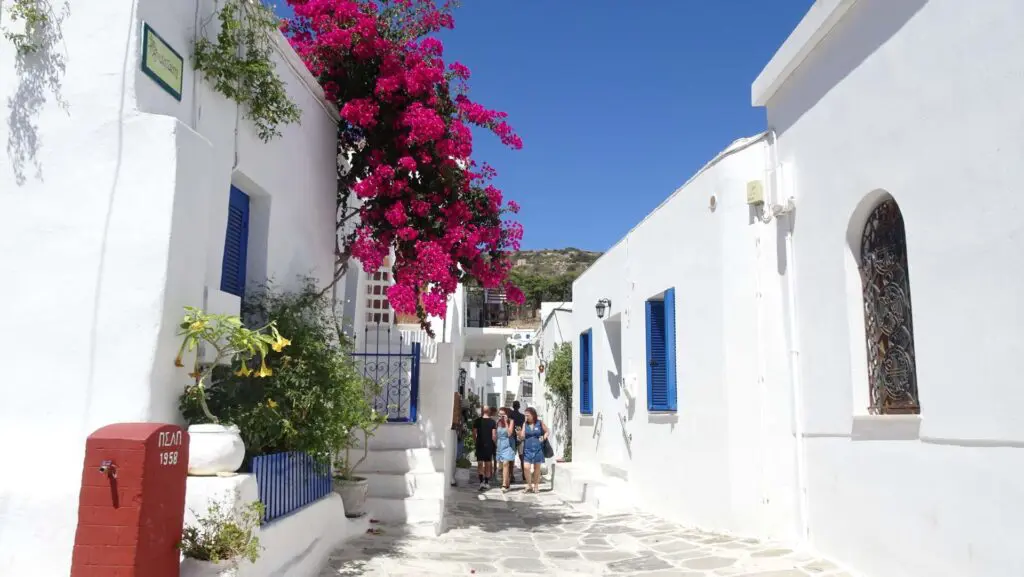In the charming village of Lefkes on Paros, Greece, a bright, narrow street lined with white buildings and blue shutters comes alive with vibrant bougainvillea in bloom as a group of people meanders down the path.