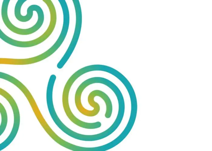 Three intertwined spirals with a gradient of teal, green, and yellow swirl harmoniously on a white backdrop, reminiscent of the mesmerizing patterns seen in Vergina.