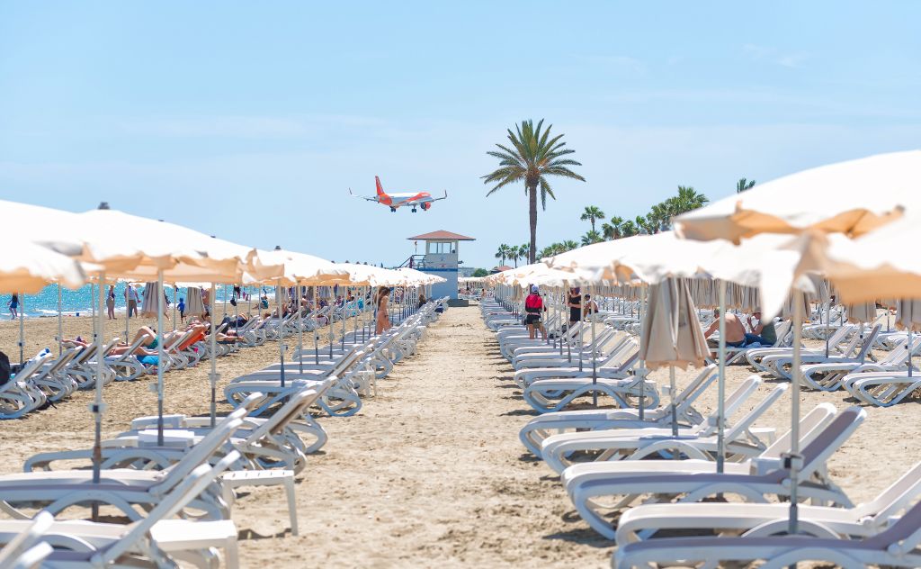 Photo form the beach of an Easy Jet plane on approach to Larnaca Airport, McKenzie Beach, Larnaca, Cyprus