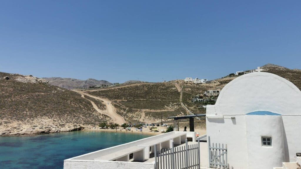 Agios Sostis church and the beach behind it