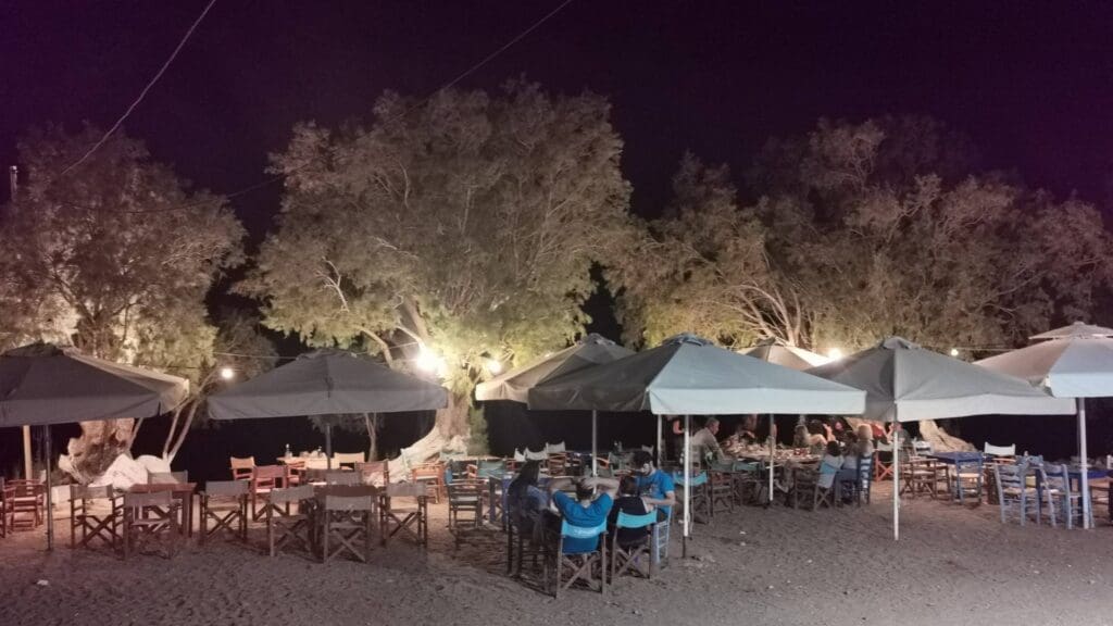 Nestled under a canopy of stars, this outdoor restaurant on Serifos Island offers tables and chairs beneath large umbrellas, enveloped by illuminated trees. A perfect travel guide recommendation for those seeking a serene dining experience at night.