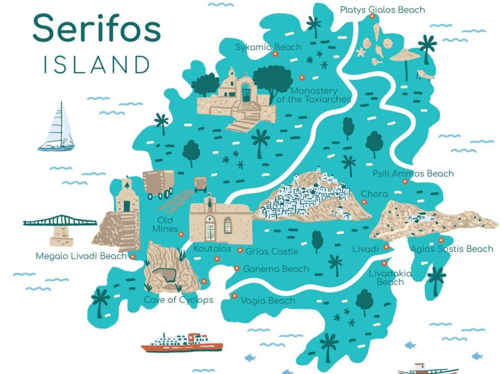 Explore Serifos Island with our illustrated travel guide, highlighting stunning beaches, historic sites, and attractions like the Monastery of the Taxiarches and Old Mines, all pinpointed with charming icons for easy navigation.
