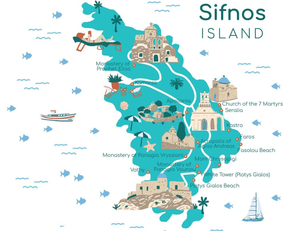 Illustrated travel map of Sifnos Island highlighting landmarks, beaches, and monasteries with icons of buildings, boats, and trees. This essential guide invites exploration and discovery at every turn.