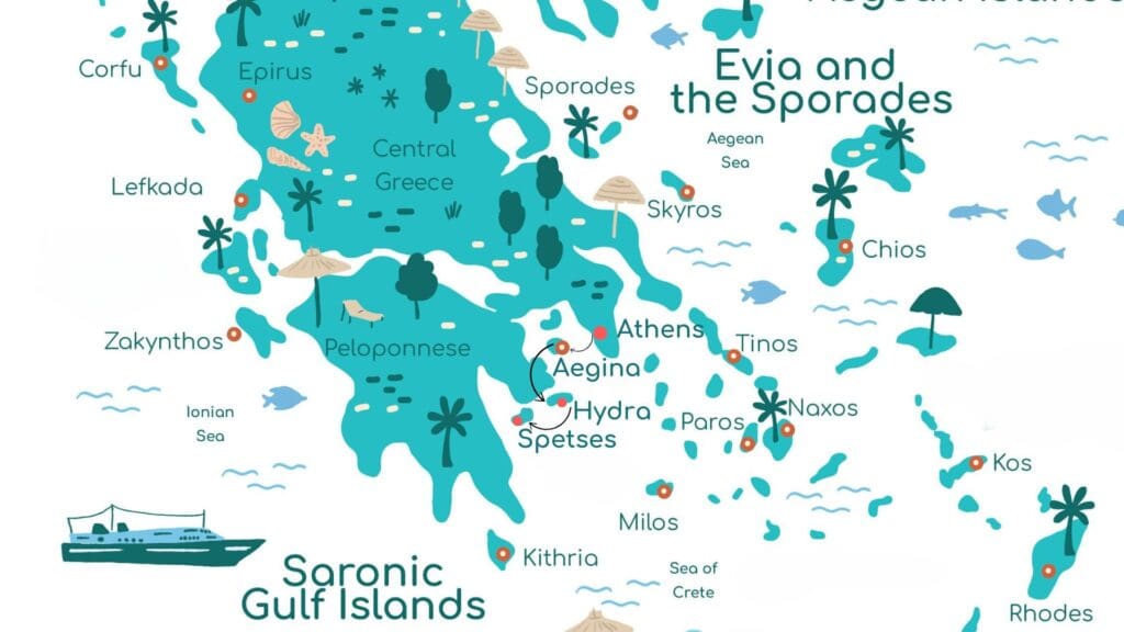 Explore an illustrated map of Greece, perfect for the avid traveler, detailing Greek island-hopping adventures across regions like the Saronic Gulf Islands, Evia, and the Sporades. Discover Athens and spot icons of fish and boats in the surrounding seas to plan your ideal itinerary.