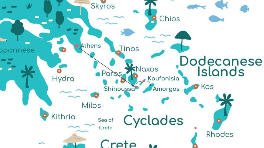 Map illustration of the Cyclades and Dodecanese Islands in Greece, perfect for the traveler planning Greek Island-Hopping adventures. It highlights islands and surrounding sea, inspiring itineraries through these beautiful regions.