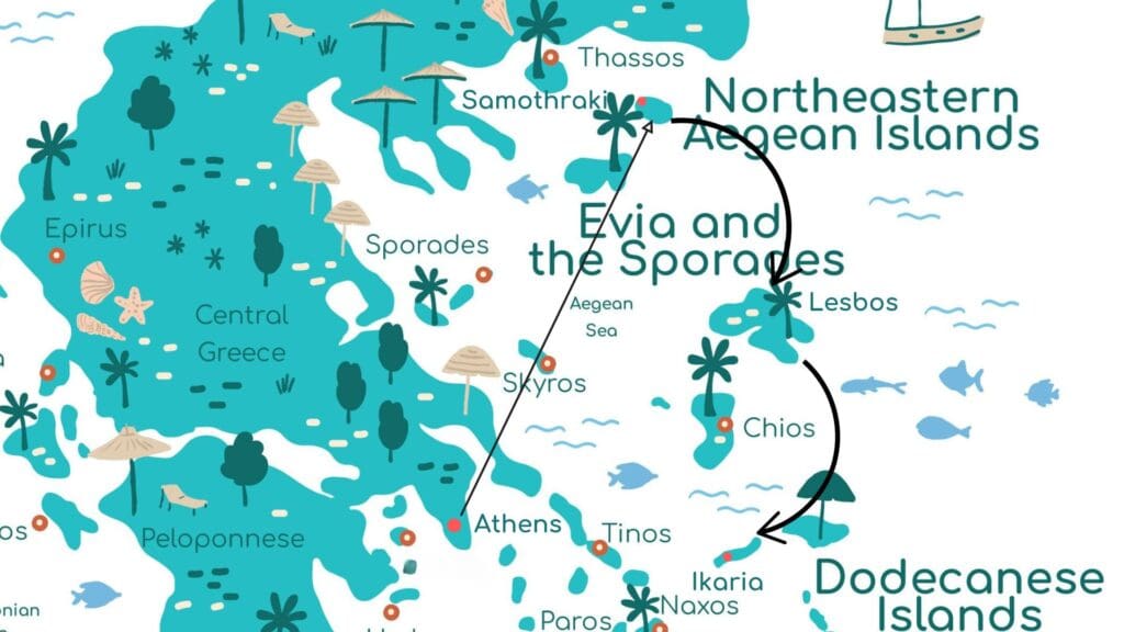 Discover your next Greek Island-hopping adventure with this illustrated map of the Aegean islands, featuring Chios, Thassos, Lesbos, Evia, and the Sporades. Perfect for the traveler seeking vibrant itineraries, it showcases stylized trees and fish to guide your journey.