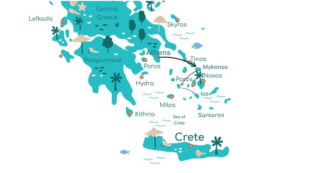 Illustrated map of Greece perfect for the avid traveler, highlighting islands and regions like Crete, Peloponnese, Athens, Mykonos, Santorini, and others. Ideal for planning itineraries or Greek island-hopping adventures with stylized trees, boats, and fish depicted.