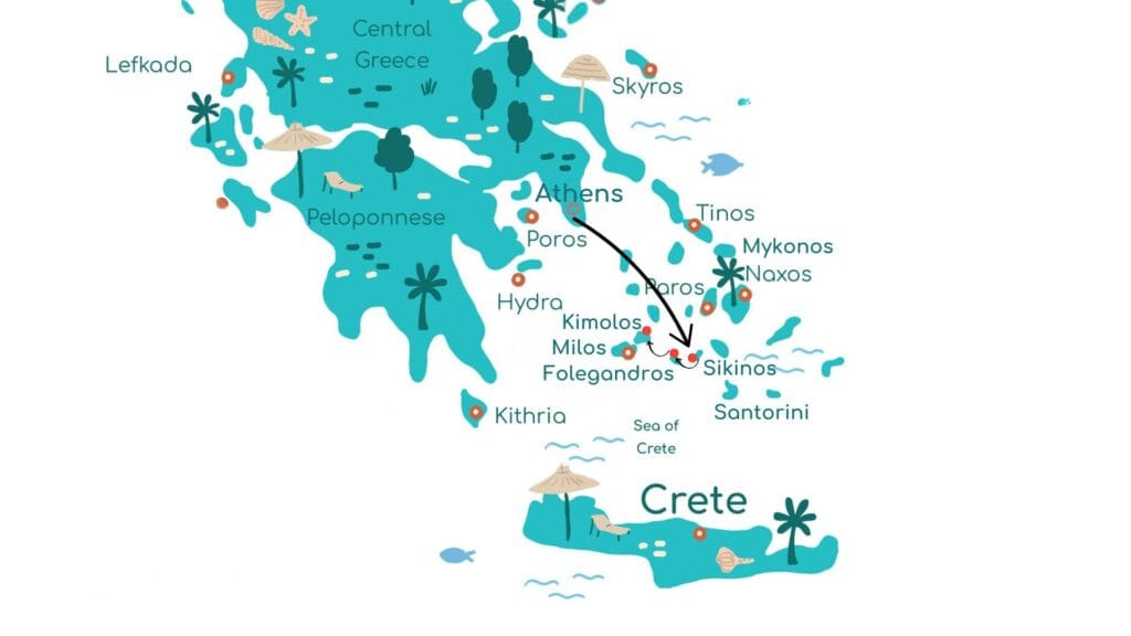 Illustrated map detailing itineraries for Greek Island-Hopping, highlighting Athens, Peloponnese, Crete, and more. Discover a marked path through Santorini and neighboring islands, perfect for the adventurous traveler.