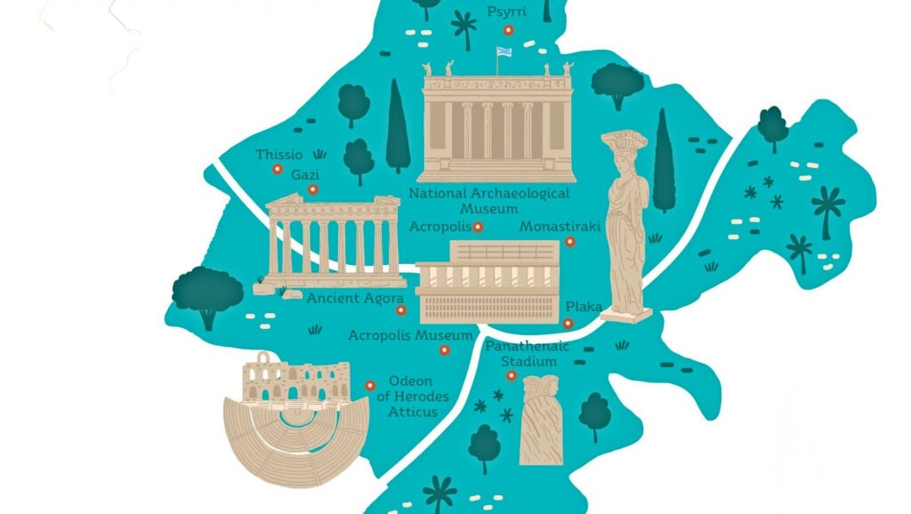 This illustrated map highlights landmarks in Athens, such as the Acropolis, Ancient Agora, National Archaeological Museum, and Panathenaic Stadium. As you plan how many days in Athens you’ll need, notice the detailed roads and trees enhancing your journey.