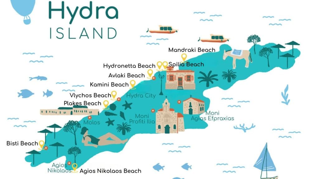 Illustrated map of Hydra Island highlighting hydra beaches, landmarks, and transport routes. Notable spots include Kamini Beach, Hydra City, and Moni Profitis Ilias.