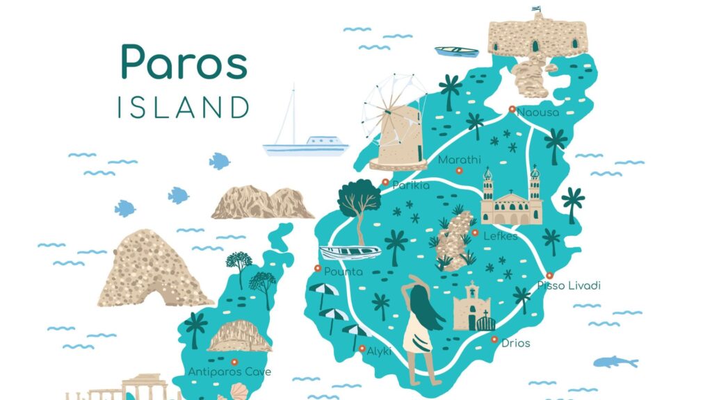 Illustrated map of Paros Island highlights key locations, landmarks, and features such as Naoussa's charming streets, pristine beaches, a historic windmill, and a graceful stork.