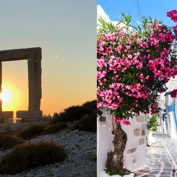 Left: Sunset behind the Temple of Apollo ruins in Naxos. Right: A narrow Greek street with white buildings and vibrant pink bougainvillea.