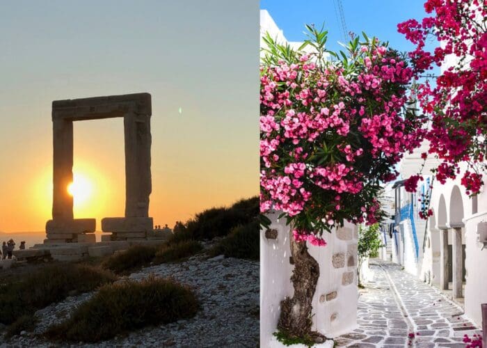 Left: Sunset behind the Temple of Apollo ruins in Naxos. Right: A narrow Greek street with white buildings and vibrant pink bougainvillea.