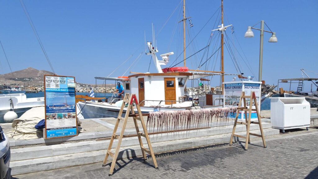 A fishing boat is docked at a pier on Milos island, with octopuses drying on wooden racks. Nearby, signs advertise boat tours and an island guide service. The sky is clear and blue.