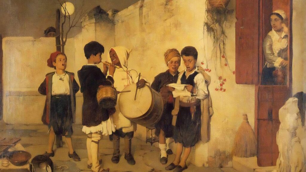 A group of children in traditional clothing play musical instruments and read a paper in a rustic setting, reminiscent of the festive spirit seen during Athens at Christmas, while a woman observes from a window.
