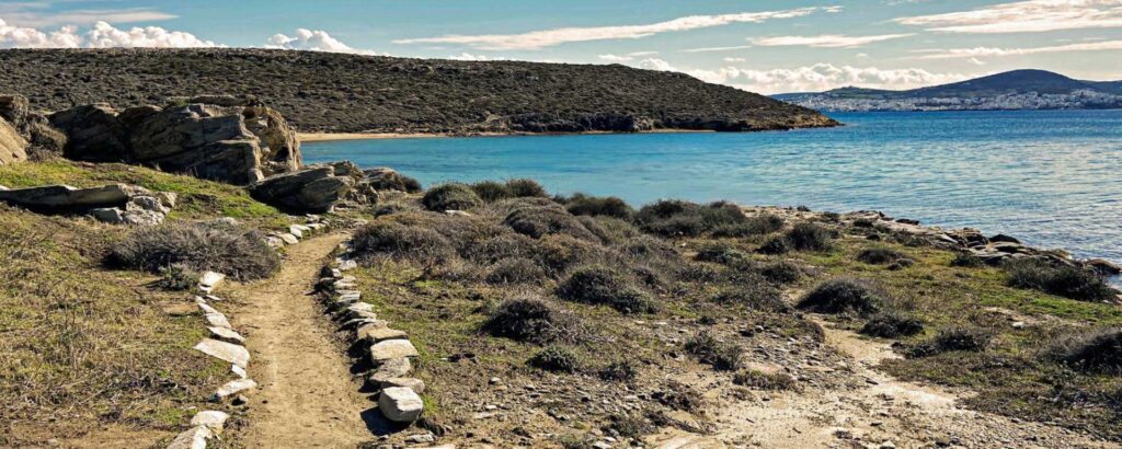 A rocky coastal path with sparse vegetation winds towards the tranquil blue bay of Naoussa, Paros. Hills and distant mountains rise under a partly cloudy sky, offering a picturesque view.