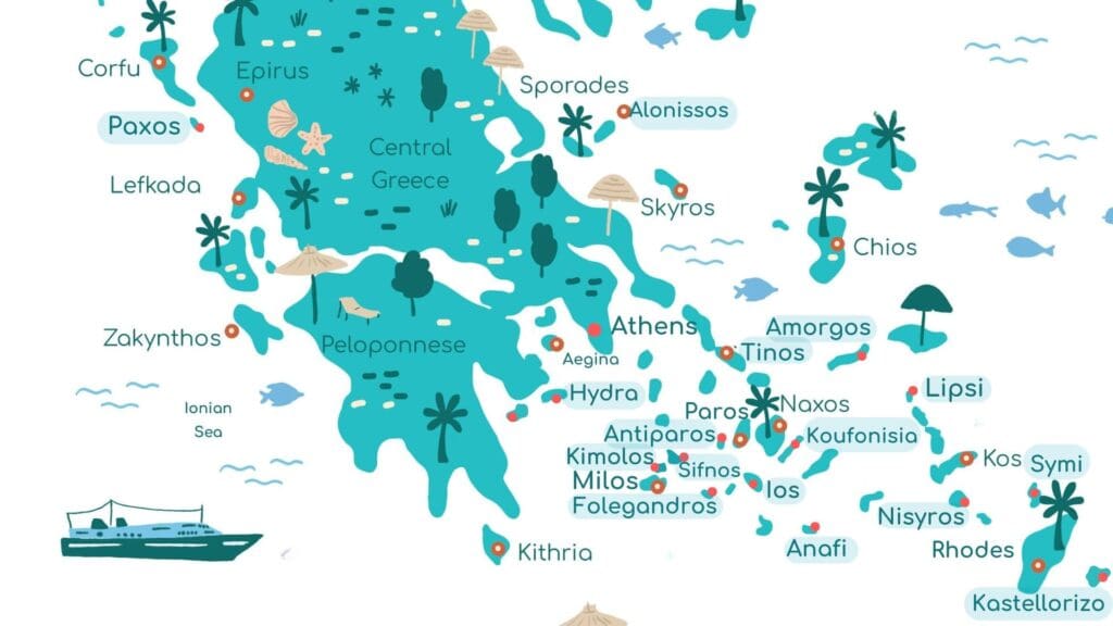 An illustrated map of Greek islands, featuring regions like Central Greece, Peloponnese, and the Sporades, highlights small Greek islands with labels for Corfu, Syros, Naxos, and Crete.