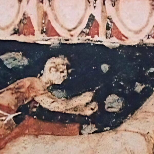 An ancient fresco from Vergina illustrates a person expertly riding a pair of horses. The background is dark, adorned with mesmerizing circular patterns above, capturing both mystery and movement in its ancient artistry.