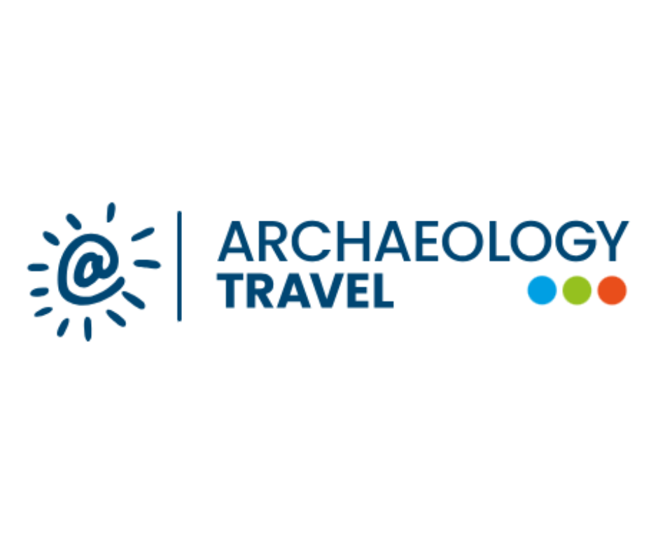 Logo for Archaeology Travel featuring a stylized "@" symbol, the text "ARCHAEOLOGY TRAVEL," and three colored dots (blue, green, orange) on a white background—perfect for those passionate about history tours.