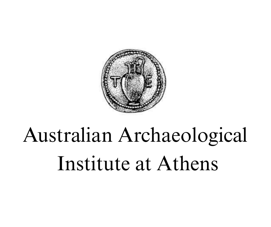 Logo of the Australian Archaeological Institute at Athens featuring an ancient-style coin with an amphora, evoking history tours, and Greek text above the institution's name.