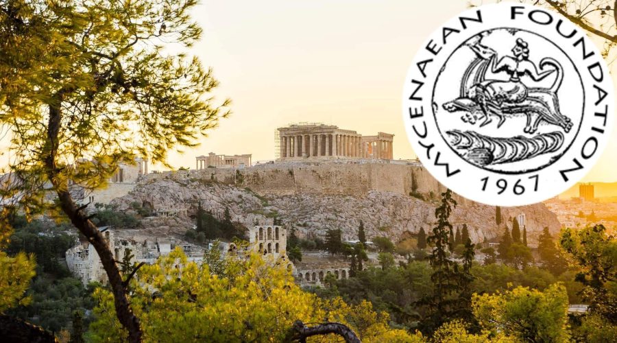 View of the Acropolis in Athens at sunset, perfect for your next Athens Tour, with the Mycenaean Foundation logo overlaid in the upper right corner.