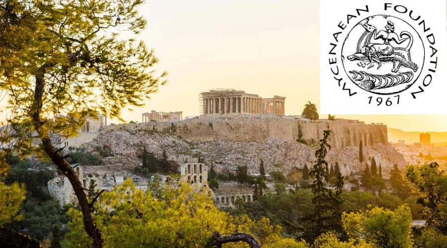 Ancient Athens tour View of the Acropolis in Athens at sunset, with the Parthenon visible; inset shows the Mycenaean Foundation logo featuring a griffin and the year 1967—perfect inspiration for your next Athens tour.