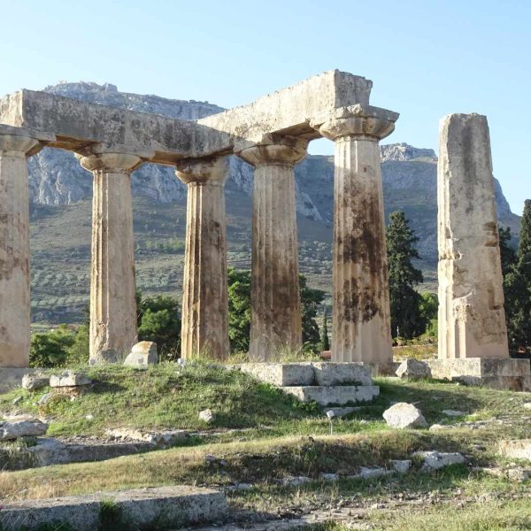 Temple of Apollo at Ancient Corinth with Acrocorinth in background