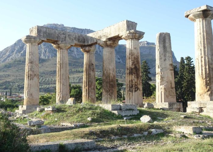 Temple of Apollo at Ancient Corinth with Acrocorinth in background